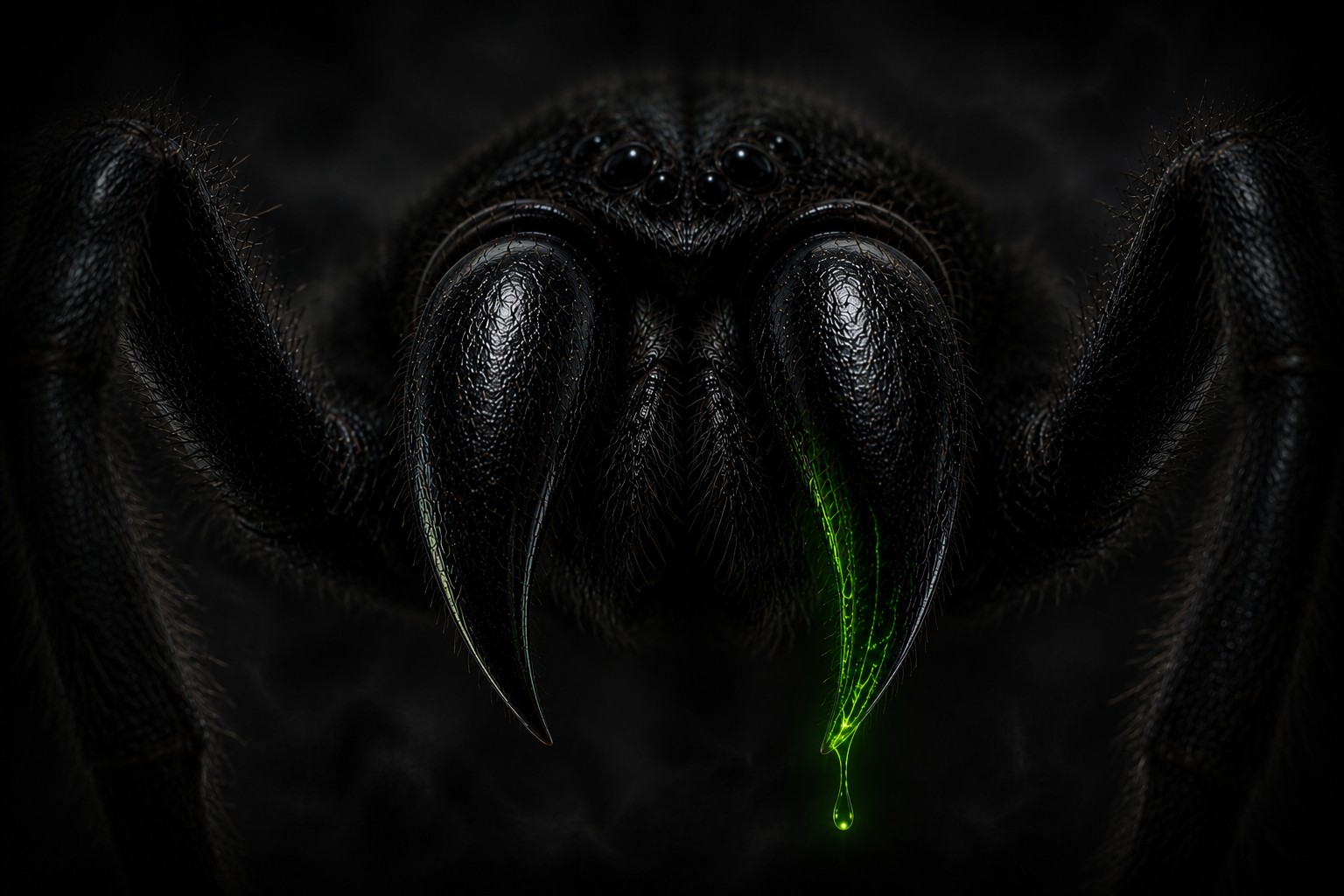 Close-up of a spider with venom dripping from its fangs